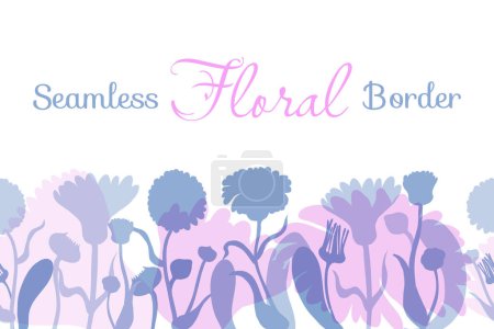 Illustration for A seamless border was made in silhouette and placed horizontally on the white background. The border is made from the Calendula plant parts placed in a few layers. Floral borders for any design ideas. - Royalty Free Image