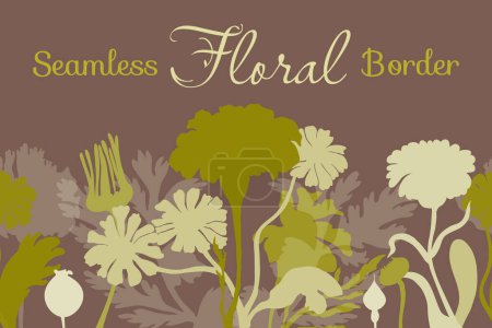 Illustration for A seamless border was made in silhouette and placed horizontally on the brown background. The border is made from Marigold, Calendula, Feverfew, and Dog rose parts and put in a few layers. - Royalty Free Image