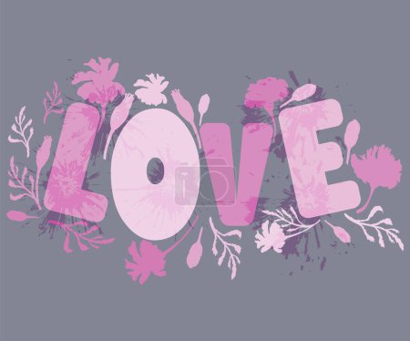 Illustration for Word Love with hand-drawn flower parts around it. Big letters covered with floral texture. Colored words with a floral arrangement and a volatile vibe on the plain background. - Royalty Free Image