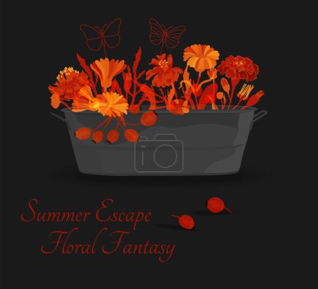 Illustration for Colorful and vibrant balcony pot with flowers in it. A rectangular pot is full of herbs and plants. Decorative garden butterflies made of wire. Cheerful summer composition on the plain background. - Royalty Free Image