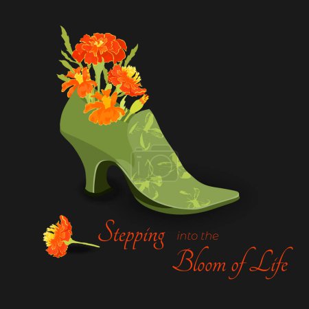 Illustration for The feminine shoe with an antique look and a bouquet in it. Vector illustration for feminine themes, gardening, dancing, vintage or antique shops, etc. - Royalty Free Image
