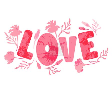 Illustration for Word Love with hand-drawn flower parts around it. Big letters covered with floral texture. Colored words with a floral arrangement and a volatile vibe on the plain background. - Royalty Free Image