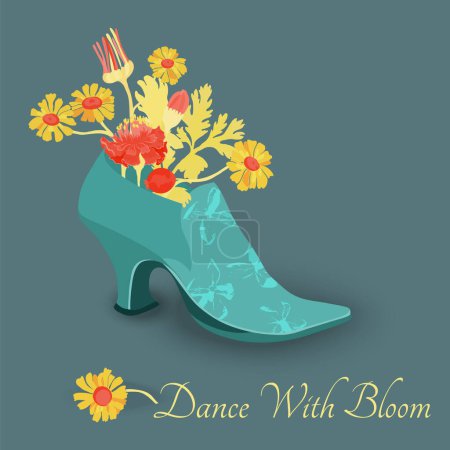 Illustration for The feminine shoe with an antique look and a bouquet in it. Vector illustration for feminine themes, gardening, dancing, vintage or antique shops, etc. - Royalty Free Image