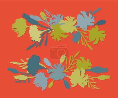 Illustration for Two horizontal garlands made from plant parts with flowers, leaves, and fruits. Colored composition with light shadows. Flower border in a vintage style for blogs, posters, and any web or print usage. - Royalty Free Image