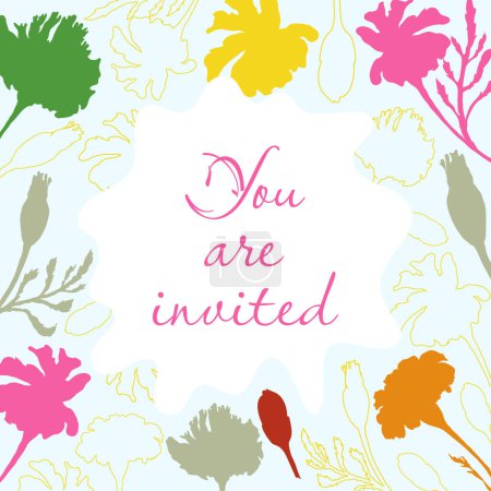 Illustration for Invitation Card with a marigold plant made in color and Outlines Placed Around. Freeform shape in the center. Colored Background. Vector Illustration for Magazine, Poster, Card etc. - Royalty Free Image