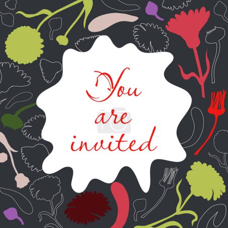 Illustration for Invitation Card with a calendula herb made in color and Outlines Placed Around. Freeform shape in the center. Colored Background. Vector Illustration for Magazine, Poster, Card etc. - Royalty Free Image