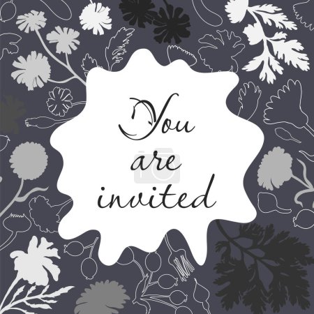 Illustration for Invitation Card with marigold, feverfew, dog rose, and calendula made in color and Outlines Placed Around. Freeform shape in the center. Colored Background. Vector Illustration for Magazine, Poster. - Royalty Free Image