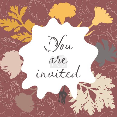 Illustration for Invitation Card with a marigold, feverfew, dog rose, and calendula plant made in color and Outlines Placed Around. Freeform shape in the center. Colored Background. - Royalty Free Image