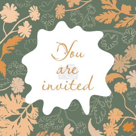 Illustration for Invitation Card with a feverfew plant made in color and Outlines Placed Around. Freeform shape in the center. Colored Background. Vector Illustration for Magazine, Poster, Card, etc. - Royalty Free Image