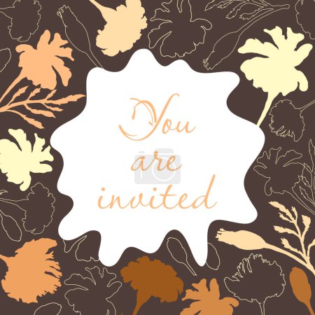 Illustration for Invitation Card with marigold plant parts made in color and Outlines Placed Around. Freeform shape in the center. Colored Background. Vector Illustration for Magazine, Poster, Card, etc. - Royalty Free Image