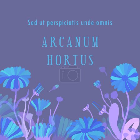 Illustration for Square banner with lush hand-drawn herbal plants. Dummy Latin text is placed in the center. Flowers are laid out in a slightly arched-down direction. Poster, banner, and label with exuberant flowers. - Royalty Free Image