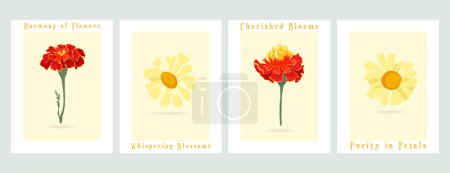 Illustration for Four vector minimalistic banners with plant parts of the common garden flowers. Fully colored flowers on the colored background. Illustrations for greeting cards, invitations, interior design, etc. - Royalty Free Image