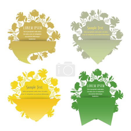 Illustration for Group of labels combining floral elements and simple shapes. Flower silhouettes are arranged in a circle as the sunbeams. Elegant labels, banners, or stickers for any herbal products. - Royalty Free Image