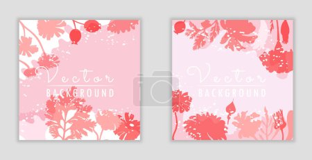 Illustration for Vector minimalistic square banners with plant parts made as silhouettes. Colorful background with free-shaped, wavy parts of different colors. Two vector backgrounds, posters, banners, cards, etc. - Royalty Free Image