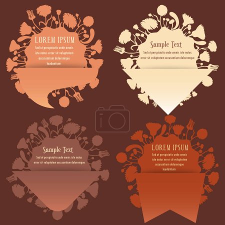 Illustration for Group of labels combining floral elements and simple shapes. Flower silhouettes are arranged in a circle as the sunbeams. Elegant labels, banners, or stickers for any herbal products. - Royalty Free Image