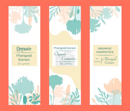Illustration for Group of narrow vertical banners for herbal cosmetics, perfumes, or other products. Banners decorated with silhouettes of plants that are placed above and below. Sample text in the center of a banner. - Royalty Free Image