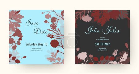 Illustration for Wedding invitation layout with large floral silhouettes. Hand-drawn flower parts. Trendy festive design. Decorative composition. Romantic holiday card. Cards with two backgrounds, light and dark. - Royalty Free Image