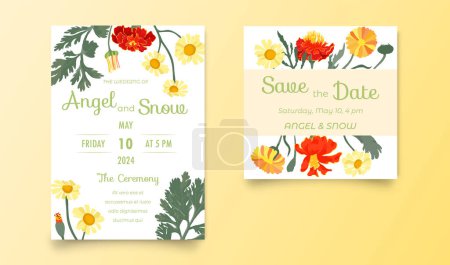 Illustration for Two elegant invitation cards for the wedding celebration. Hand-drawn flowers on plain backgrounds. Naive hand-drawn botanics style. Vector illustration. - Royalty Free Image