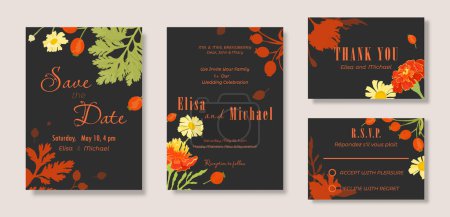 Illustration for Floral template in a set of four sheets for the wedding celebration party. Delicate hand-drawn flowers on plain backgrounds. Elegant cards for any celebration party. - Royalty Free Image