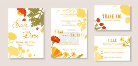 Illustration for Floral template in a set of four sheets for the wedding celebration party. Delicate hand-drawn flowers on plain backgrounds. Elegant cards for any celebration party. - Royalty Free Image