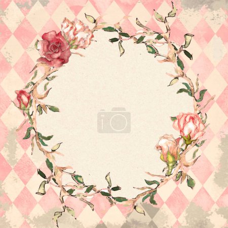Téléchargez les photos : Alice au pays des merveilles style aquarelle cadre floral sur fond victorien diamant grunge - en image libre de droit