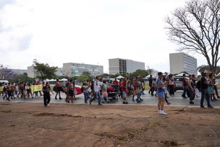 Foto de BRASILIA, BRASIL - 30 de agosto de 2023: Protestas populares en Brasilia contra el "Marco Temporal" una tesis sobre las tierras indígenas en Brasil - Imagen libre de derechos
