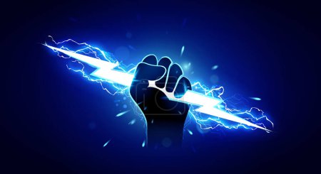 Illustration for Vector Illustration Hand Holding Powerful Electric Lightning. - Royalty Free Image