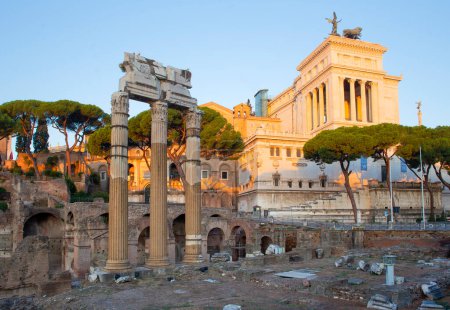 Roman Roman Forum, also known as Foro di Cesare, or Forum of Caesar at sunrise in Rome, Italy.