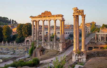 Roman Forum, also known as Foro di Cesare, or Forum of Caesar at sunrise in Rome, Italy. 