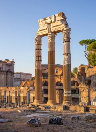 Roman Forum, also known as Foro di Cesare, or Forum of Caesar, in Rome, Italy, at sunrise. 