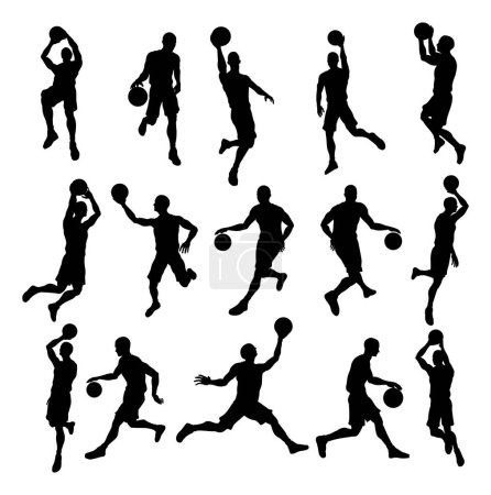 Téléchargez les illustrations : Un ensemble de joueurs de basket-ball silhouette détaillée dans beaucoup de poses différentes - en licence libre de droit