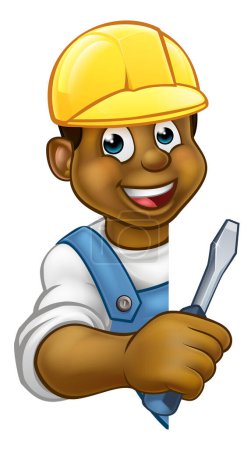 Illustration for An electrician or builder contractor in hard hat holding a screwdriver hand tool and peeking around from behind a sign - Royalty Free Image