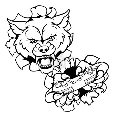 Ilustración de Un animal enojado Tigre esports mascota jugador de videojuegos jugador sosteniendo un controlador y rompiendo a través del fondo - Imagen libre de derechos
