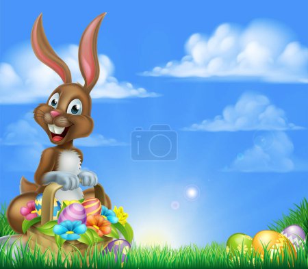 Ilustración de Fondo de Pascua de dibujos animados. Conejo de Pascua con una cesta llena de huevos de Pascua de chocolate decorados en un campo - Imagen libre de derechos