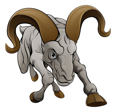 Ilustración de Un carnero de aspecto duro ovejas deportes mascota personaje de dibujos animados de carga desde el frente. - Imagen libre de derechos