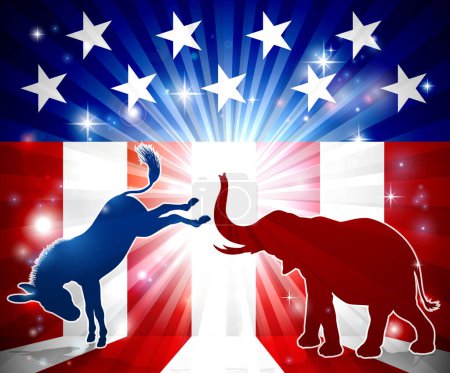 Téléchargez les illustrations : Un âne silhouette et un éléphant avec un drapeau américain en arrière-plan animaux de mascotte politiques démocrates et républicains - en licence libre de droit