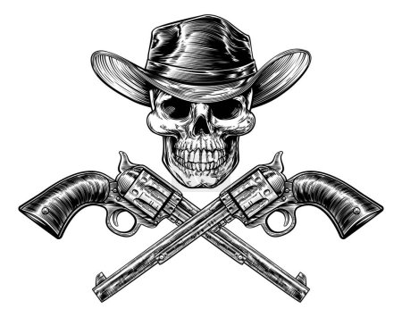 Skull cowboy in hat and a pair of crossed gun revolver handgun six shooter pistols drawn in a vintage retro woodcut etched or engraved style