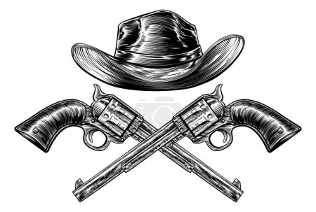 Ilustración de Un sombrero vaquero occidental y un par de pistolas cruzadas en un estilo grabado grabado vintage - Imagen libre de derechos