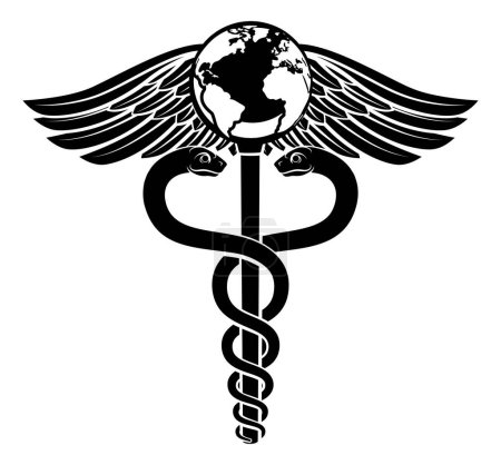 Téléchargez les illustrations : Un caducée monde monde symbole médical concept d'une icône médicale ou de soins du foyer avec une terre sur le dessus - en licence libre de droit