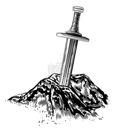 Téléchargez les illustrations : Une illustration de style vintage d'Excalibur l'épée dans la pierre des légendes arthuriennes - en licence libre de droit