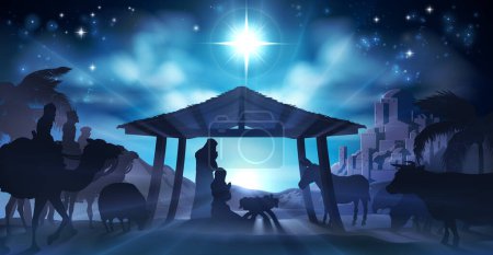 Ilustración de Navidad Natividad Cristiana Escena del niño Jesús en el pesebre con María y José en silueta rodeada de animales y los tres magos hombres sabios con la ciudad de Belén en la distancia - Imagen libre de derechos