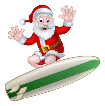 Illustration for Santa surfing and waving from his surfboard Christmas illustration - Royalty Free Image