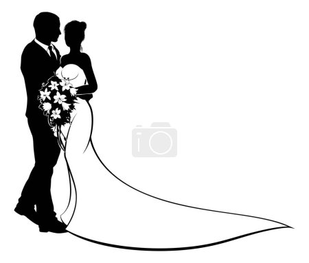 Illustration for A bride and groom wedding couple in silhouette with in a bridal dress gown holding a floral bouquet of flowers - Royalty Free Image
