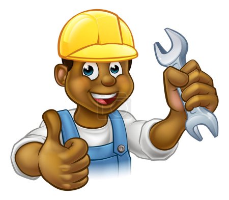 Illustration for Black mechanic or plumber handyman cartoon character holding a spanner and giving a thumbs up - Royalty Free Image