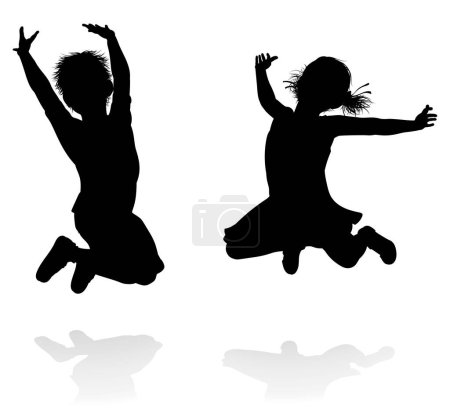 Ilustración de Feliz niño y niña silueta niños o niños saltando - Imagen libre de derechos