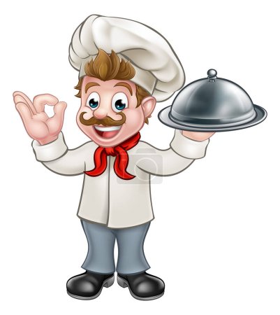 Illustration for Cartoon chef or baker holding a silver cloche food meal plate platter and giving a perfect okay delicious cook gesture - Royalty Free Image