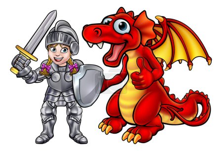 Téléchargez les illustrations : Un dragon de dessin animé et jeune chevalier fille personnage dans son costume d'armure tenant une épée et un bouclier - en licence libre de droit