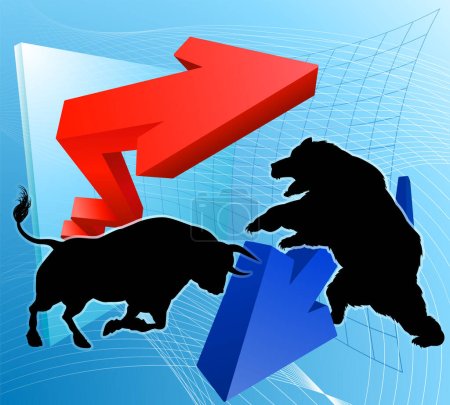 Ilustración de Concepto financiero de un toro de silueta versus personajes de una mascota de oso frente a un mercado de valores o gráfico de ganancias - Imagen libre de derechos