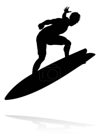 Ilustración de A high quality detailed silhouette of a surfer surfing the waves on his surfboard - Imagen libre de derechos
