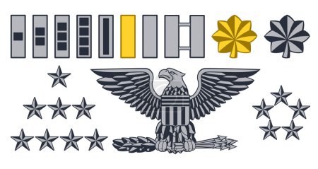 Téléchargez les illustrations : Ensemble d'officier de l'armée américaine militaire classe insignes icônes - en licence libre de droit
